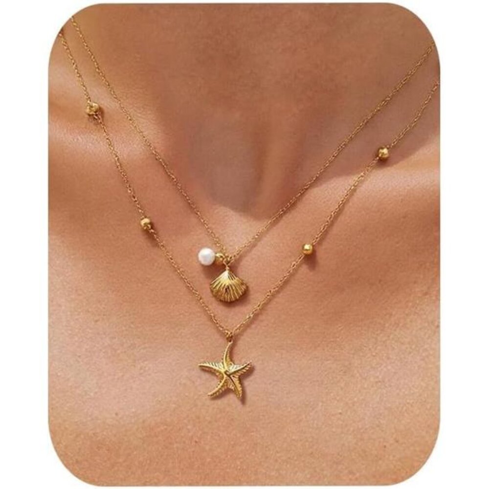 Shell Necklace for Women Trendy Layered Starfish Necklace White Seashell